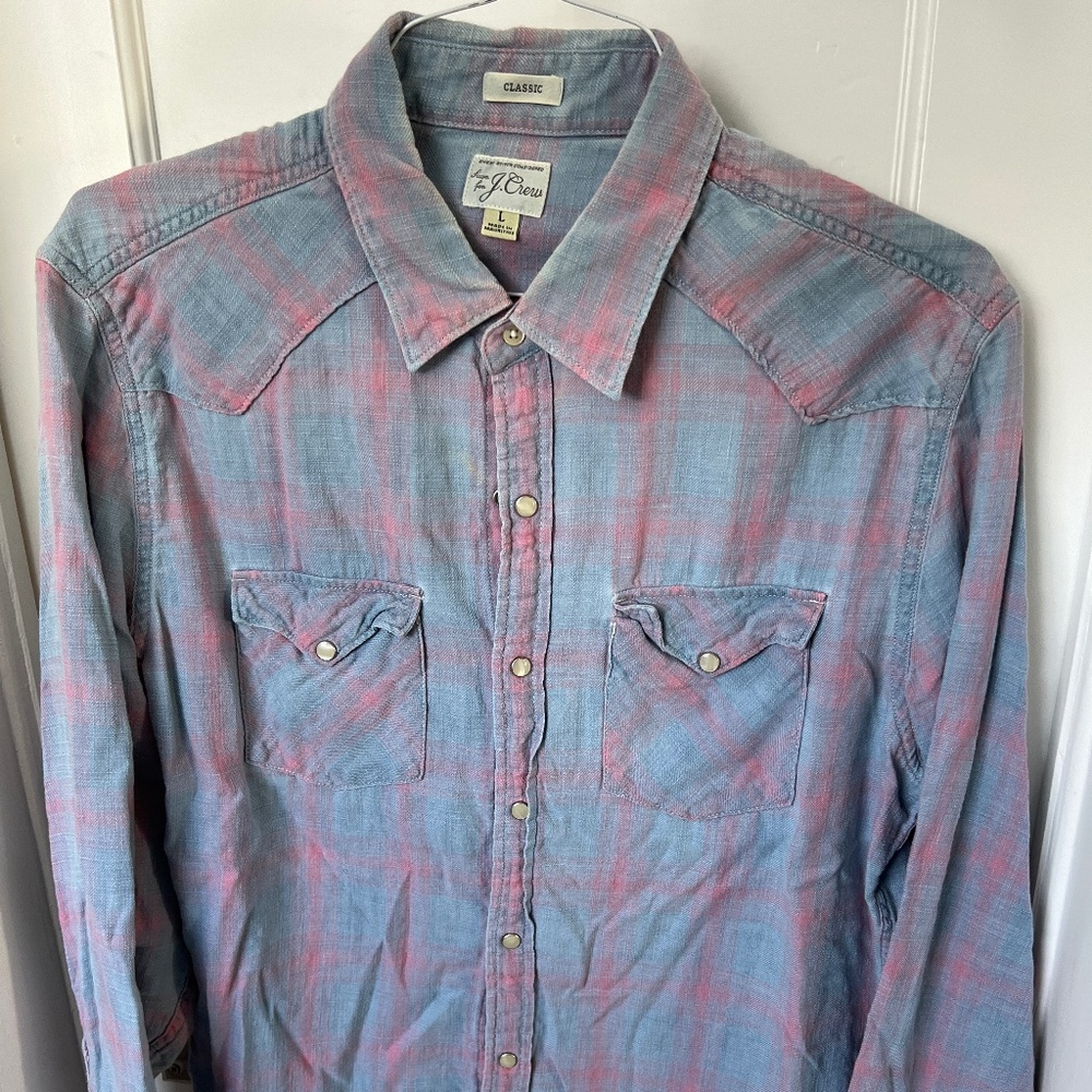 J Crew Men's Large Chambray Plaid Western Pearl Snap Shirt